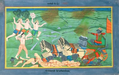 Slaget om Lanka, mellan Rama och Ravana, kung av Rakshasas, från Ramayana, tidigt 1800-tal (wc på papper)